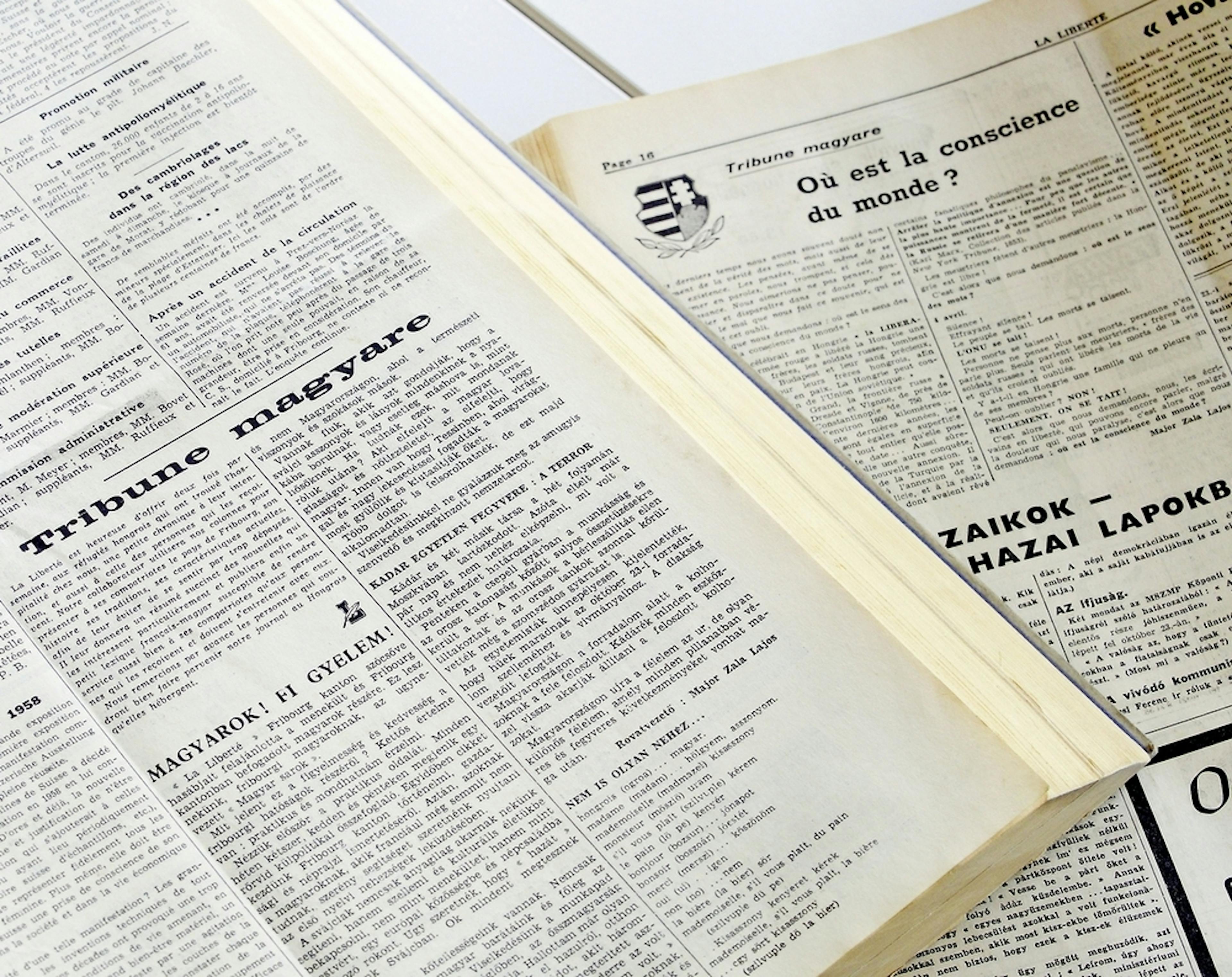 La «Tribune magyare» est publiée par La Liberté du 15 janvier à novembre 1957. Elle paraît deux fois par semaine pendant un mois puis devient hebdomadaire. Un petit lexique français-­magyar la complète. 