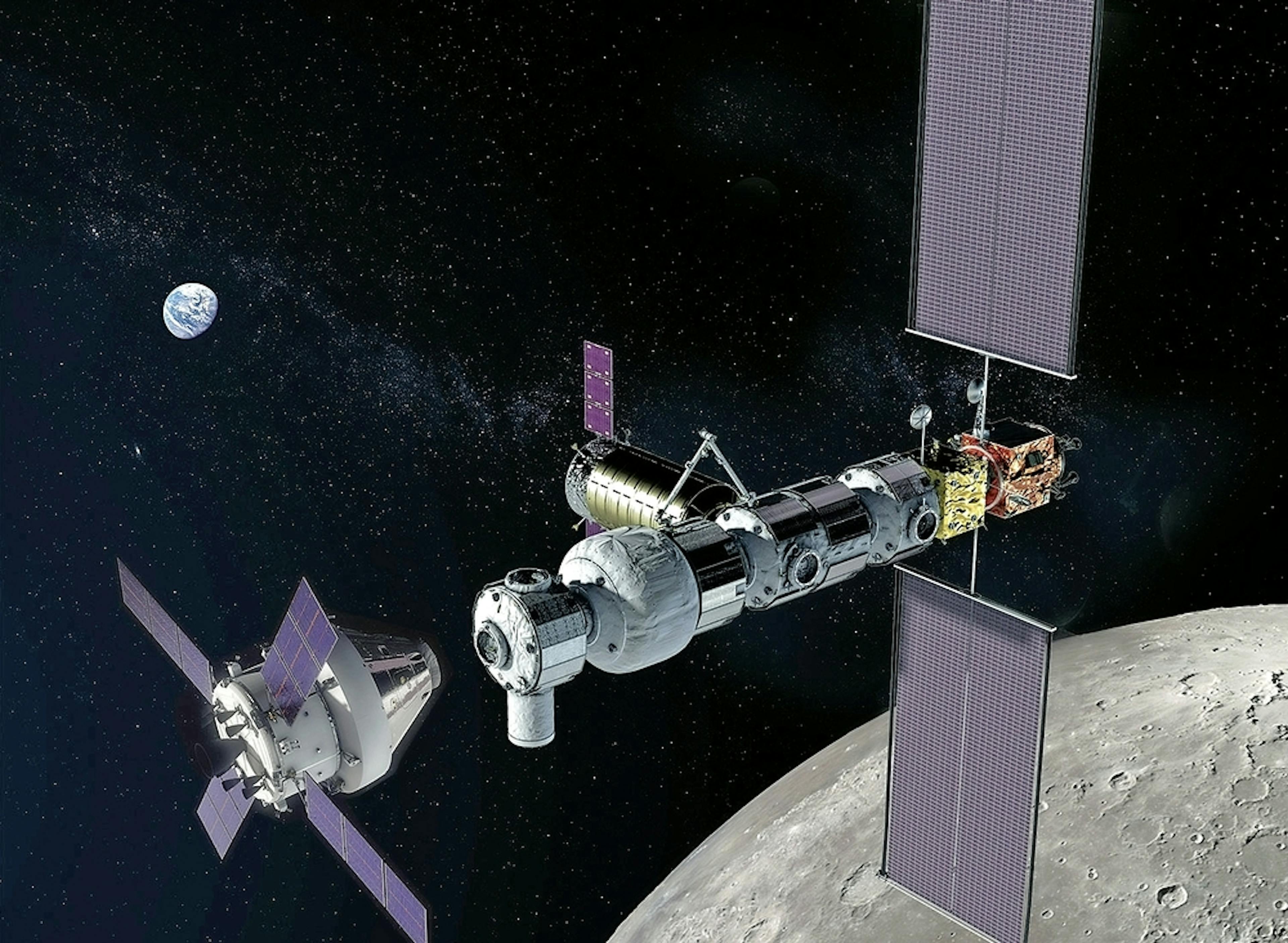 Vue artistique de la station orbitale Gateway. A gauche, le vaisseau spatial Orion, qui peut accueillir quatre astronautes et mettre sur orbite lunaire divers modules de la plateforme. Le module Habitat se trouve au centre (avec cargo latéral). Le module Esprit est le cube jaune. 