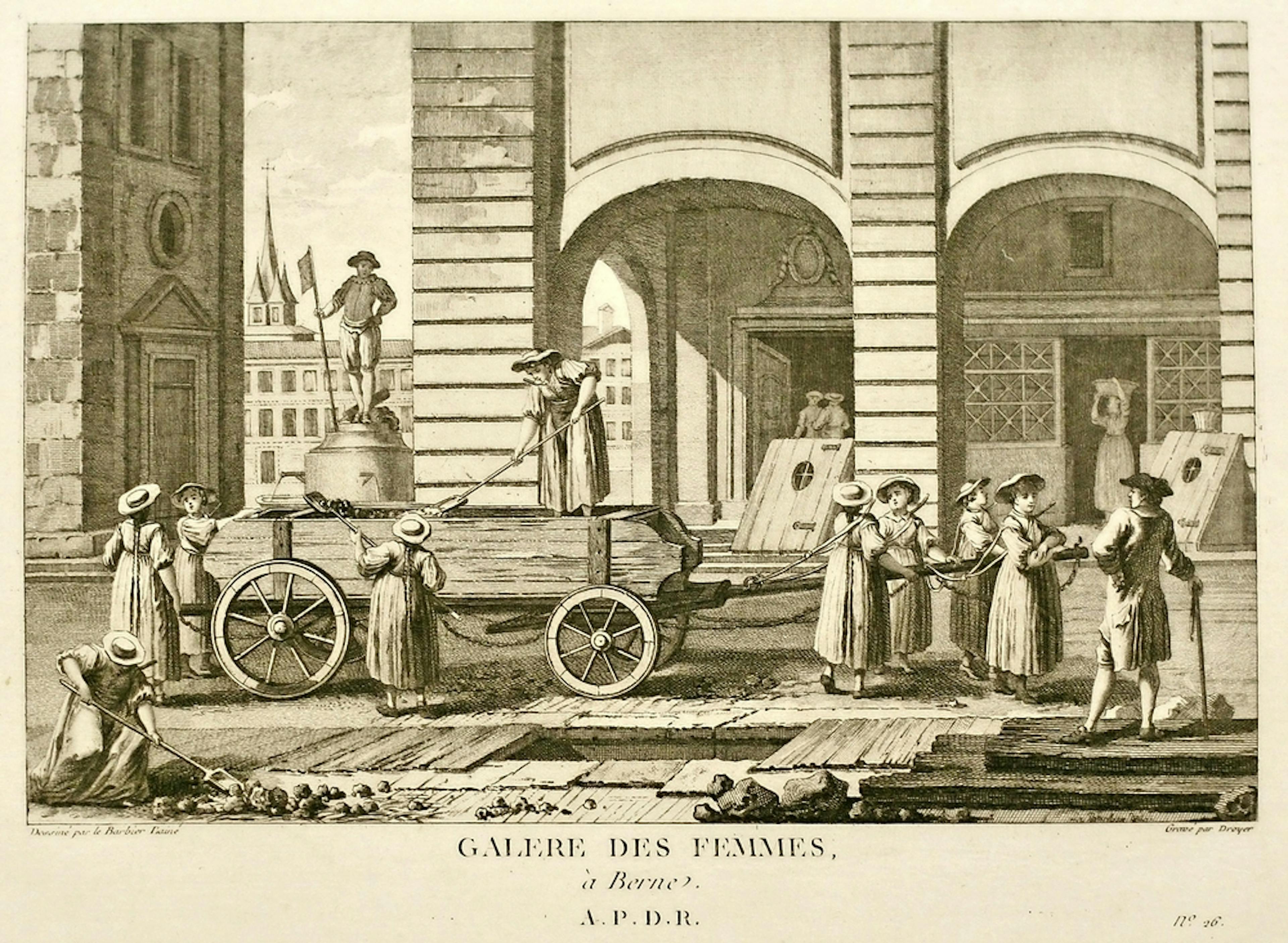 La galère des femmes à Berne, une illustration tirée des Tableaux topographiques du baron de Zurlauben (vers 1780). Sous l’Ancien Régime, les femmes étaient aussi condamnées aux travaux forcés d’intérêt général. Ici, elles sont affectées à la restauration d’une rue de Berne. 